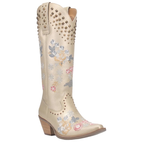 Dingo Poppy Floral embroidered Metallic Studded Snip Toe Cowboy Boots DI 732 - Picture 4 of 8